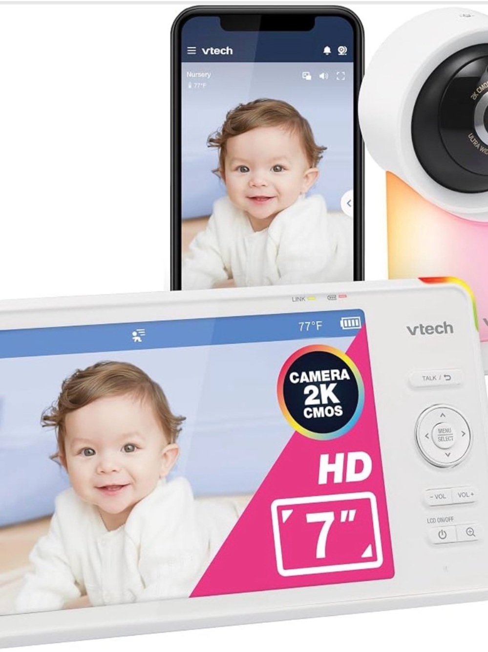 VTech 7" HD Baby Monitor with 2K Camera - White
